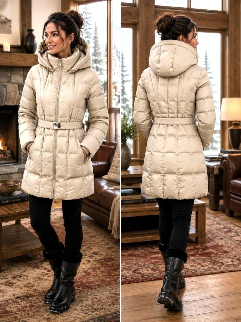 Moncler Beige Hooded Belted Down Puffer Coat Womens Size 0 Made In Bulgaria